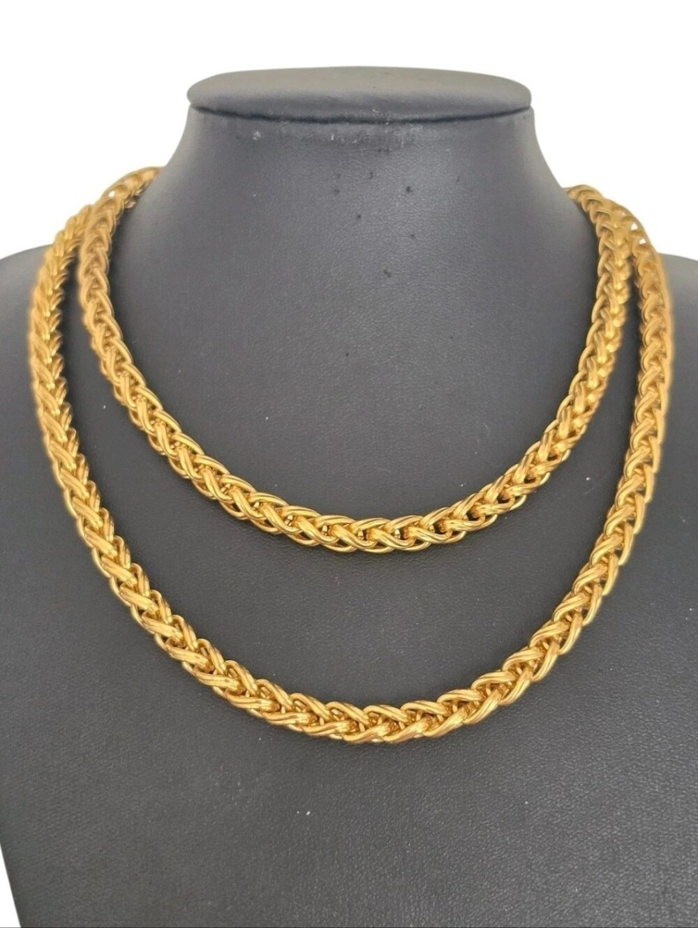 Vintage Gold Tone 7 Mm Wheat Spiga Link Chain Necklace 32.5" Long Braided Woven